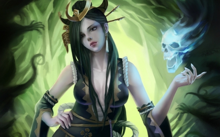 Fantasy girl - skull, hands, woman, sorceress, girl, green, darkness, fantasy