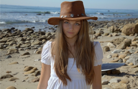 Cowgirl Surfer - style, westerns, rocks, women, models, hats, cowgirls, ocean, brunettes, vacation, fun, beaches, female, fashion