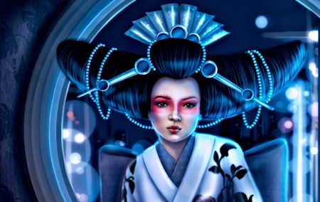 Geisha - woman, geisha, art, girl, pink, blue, crystal wall lancaster, fantasy