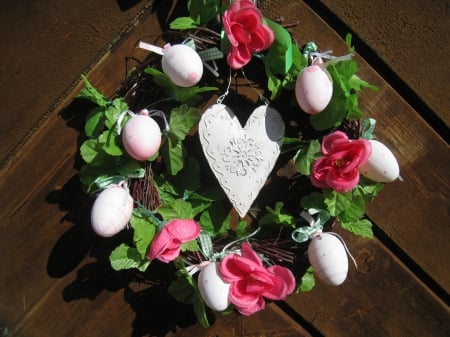 Easter - door, heart, easter, color, wreath, egg, flowers, spring