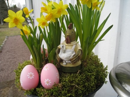 Easter Arrangement - figure, daffodill, pot, color, egg, garden