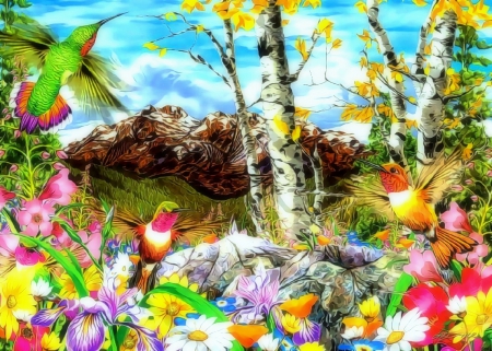 â˜…Hummingbirds in Springâ˜… - trees, animals, spring, creative pre-made, digital art, paintings, landscapes, birds, butterflies, forests, hummingbirds, gardening, nature, flying, love four seasons, seasons, flowers, butterfly designs, drawings, lovely flowers