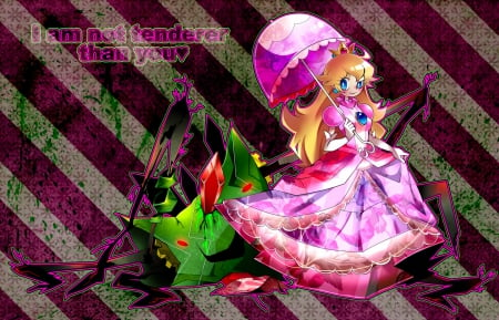 I'm Not Tenderer Than You - crown, blonde, princess peach, long hair, colorful, umbrella, mario bros, video game, pink dress, blue eyes