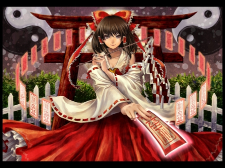 Shrine Maiden - nic, beauty, female, magic, anime girl, reimu hakurei, e pretty, brown hair, touhou, anime, reimu, ribbon, talisman, yinyang, hakurei, girl, shrine maiden, long hair, hakurei reimu, lovely, hd, beautiful, shrine, sweet, dress