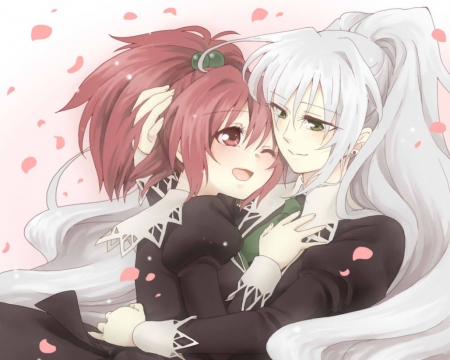 Forbidden â™¡ Love - hug, beauty, nice, aoi nagisa, anime girl, brown hair, pretty, shizuma, petals, anime, romance, silver hair, nagisa, couple, girl, long hair, strawberry panic, lovely, beautiful, sweet, smile, happy, white hair