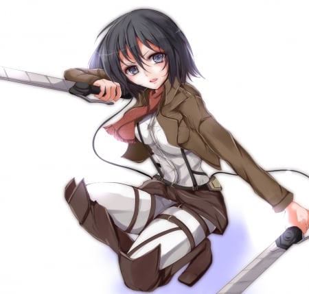 Mikasa - attack on titan, anime, anime girl, female, girl, simple, short hair, blade, scarf, mikasa ackerman, plain, weapon, mikasa, shingeki no kyojin