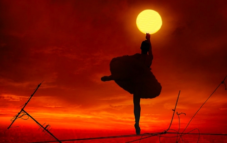 Ballerina - moon, ballerina, dancer, beautiful, photography, serene, girl, silhouette, fantasy, red, digital, woman, art