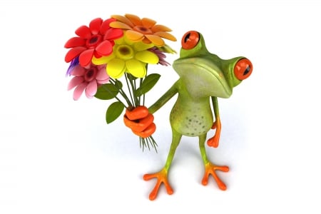 â™¥Funny 3D Frogâ™¥ - frog, 3d, animal, funny, flowers