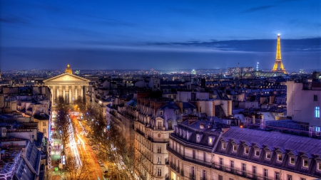 eiffel tower and opera house in paris - city, night, streets, tower, lights