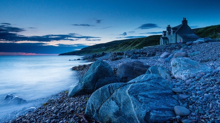 blue grey rocky seashore at twilight - twilight, shore, house, sea, mist, rocks