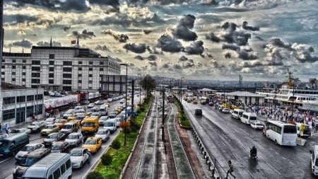 boulevard by the bay in istanbul hdr - traffic, clouds, ships, city, hdr, boulevard, bay