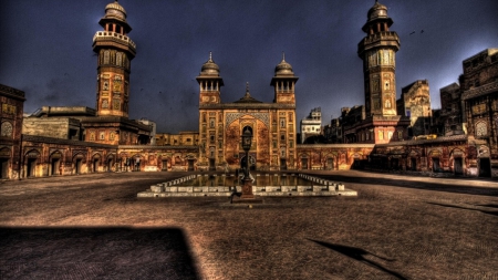 pool in a courtyard of a huge mosque hdr - pool, hdr, minarets, courtyard, mosque