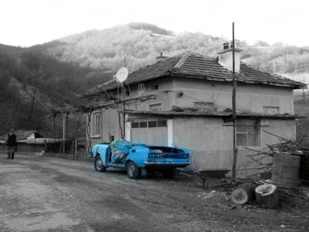 Distant Memory - road, photo, blue, old, car, photography, house, mountain, bulgaria