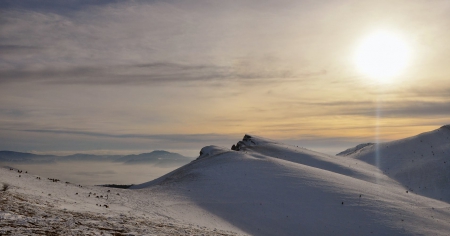 Winter Sunset - winter, photo, sun, white, sky, photography, sunset, nature, mountain, snow, bulgaria