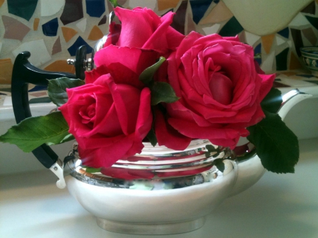 Tea Roses - teapot, blossoms, red, flowers, still life