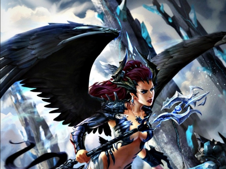 Dark angel - blue, girl, angel, dark, black, fantasy, alex negrea, woman, wings, spear