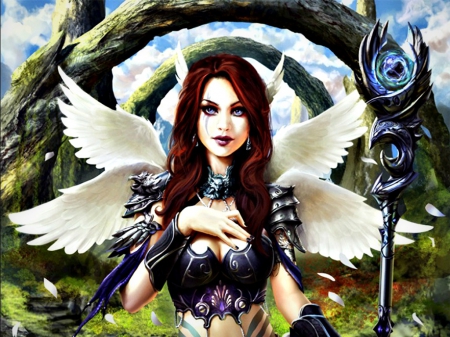 Angel - girl, angel, fantasy, white, alex negrea, redhead, woman, wings, spear