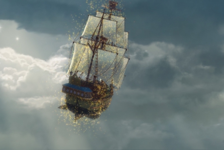 The pirate fairy (2014) - ship, pixie dust, magical, fantasy, fly, cloud, movie, disney, the pirate fairy, sky