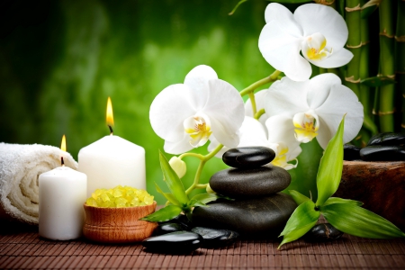 Spa still life - orchid, candles, light, still life, white, flame, pretty, beautiful, leaves, green, spa, flowers, stones, bamboo, lvoely, zen