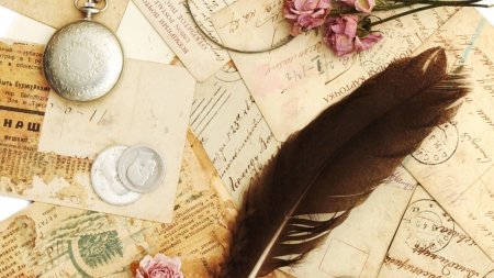 memories - feather, letters, wallpapers, black