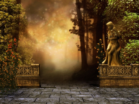 Entrance to Mystic World - statue, 3d, light, artwork, place, plants, garden