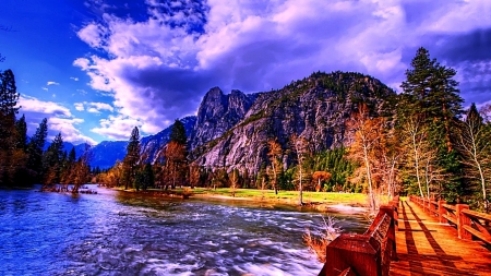 cross the bridge of hope - clouds, forest, mountain, colors of nature, river, nature, plants, forces of nature, sky, bridge, rocks