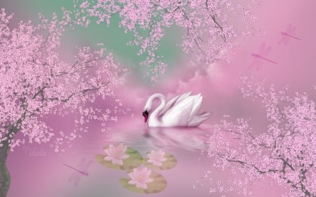 Lonely Swan - Viola Tricolor, trees, water, sakura, cherry blossoms, swan, water lily, spring, pink, fantasy, dragonflies, lake