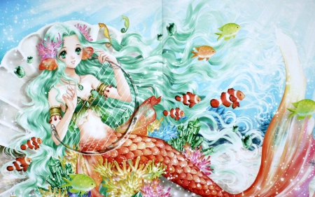 Mermaid - pretty, maiden, scales, green hair, tail, long hair, harp, mermaid, nice, beautiful, beauty, lovely, sweet, fantasy, lady, fish, fantasy girl