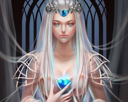 Blue Heart - beauty, nice, realistic, female, hot, heart, crown, fantasy, pretty, fantasy girl, silver hair, sexy, girl, long hair, tiar, lovely, beautiful, sweet, white hair