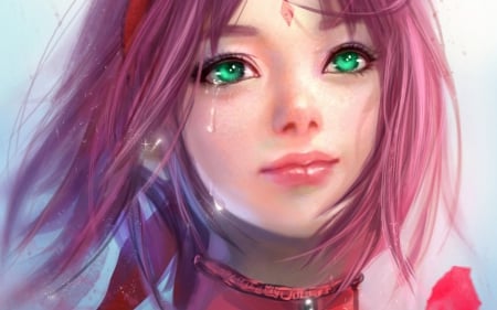 Sakura Haruno - tears, anime, rikamello, girl, eyes, pink, cry, fantasy, naruto, green, art, sakura haruno