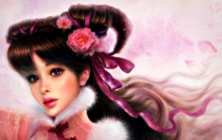 Fantasy girl - face, flower, pink, beauty, spring, ruoxing zhang, girl, art, oriental, fantasy, asian