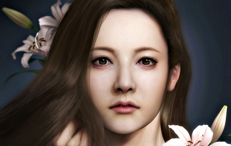 Girl - woman, girl, soa lee, fantasy, face, art, lily, portrait, flower