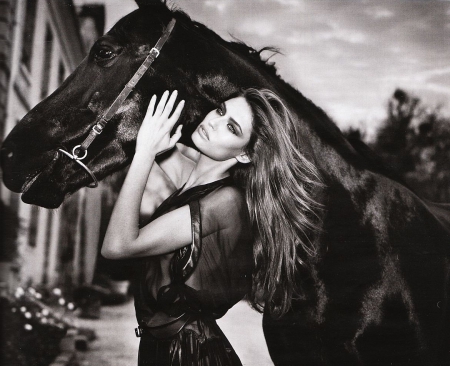 Cowgirl~Bianca Balti - horse, cowgirl, black and white, brunette, bianca balti