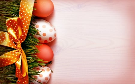 Happy Easter! - spring, pink, orange, easter, red, green, dots, egg, bow