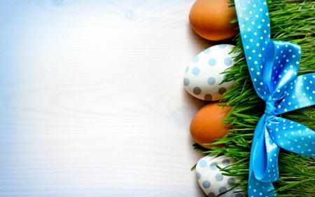 Happy Easter! - white, dots, bow, blue, easter, orange, egg, spring