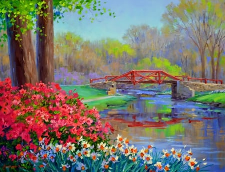 A kiss of spring - freshness, fragrance, spring, creek, painting, art, quiet, calmness, pretty, river, tree, scent, shore, lovely, serenity, kiss, forest, beautiful, flowers