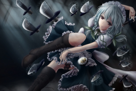 Izayoi Sakuya - sword, anime girl, girl, blade, weapon, emotional, knife, izayoi sakuya, touhou, pretty, sweet, anime, hd, nnice, maid, lovely, female