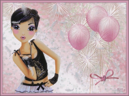 BLOW A KISS - PINK, CELEBRATION, BALLONS, FEMALE, FIREWORKS