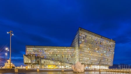 modern harpa concert hall in reykjavik iceland hdr - modern, lights, ship, hdr, harbor, night, building