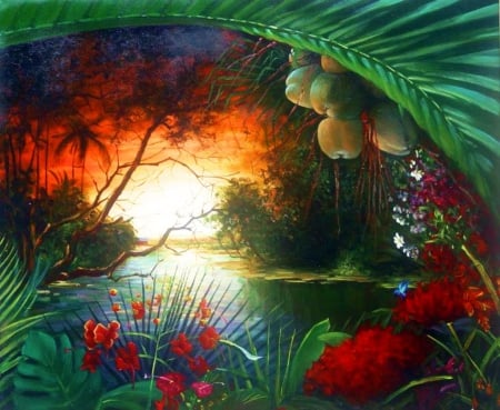 Entrance to Paradise - blossoms, flowers, artwork, apples, plants, sunlight, river, trees, sunset