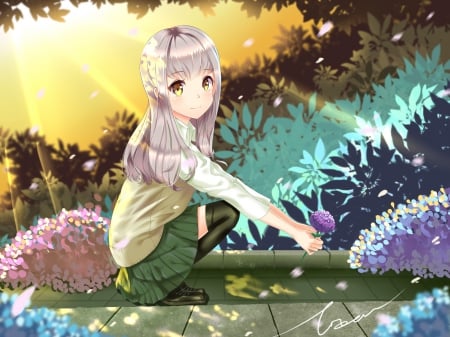 Flowers - flowers, pretty, anime, girl, cute