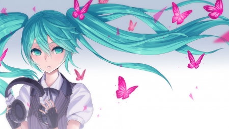 Hatsune Miku - beauty, girl, hatsune, butterfly, pretty, vocaloid, headphones, anime, miku, cute