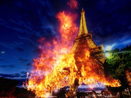 Eiffel special fire - eiffel, sky, trees, flames, light, colorful, design, night, paris, place, iron, tower, fire