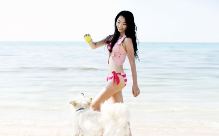 Woman at the beach - woman, beach, dog, animal, ball