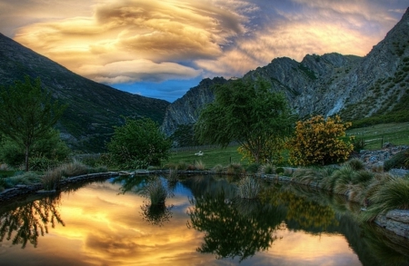 Lakeside Sunset in the Mountains - lakeside, sunset, mountains, nature