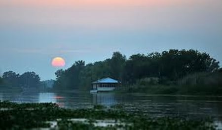 Sunset on the Bayou - village, boats, bayou, sunset