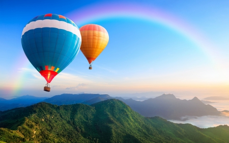 Hot air balloon ride - rainbow, mountain, balloon, sky