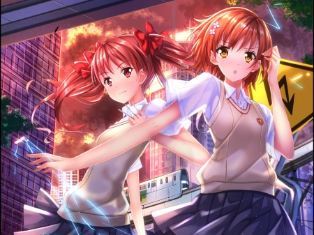 Railgun & Teleport - nice, female, to aru kagaku no railgun, anime girl, brown hair, pretty, anime, lighting, thunder, short hair, scene, girl, magical girl, long hair, misaka mikoto, lovely, school uniform, railgun, scenery, sweet, uniform