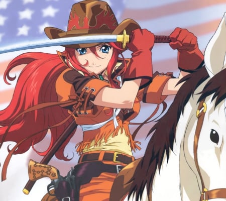 CowGirl - sword, beautiful, anime girl, girl, cowgirl, hat, blade, weapon, horse, pretty, beauty, sweet, anime, long hair, nice, lovely, female