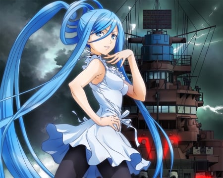 Lady Blue - beauty, nice, female, anime girl, pretty, anime, scene, scenic, girl, long hair, lovely, blue hair, hd, ship, beautiful, scenery, sweet, dress